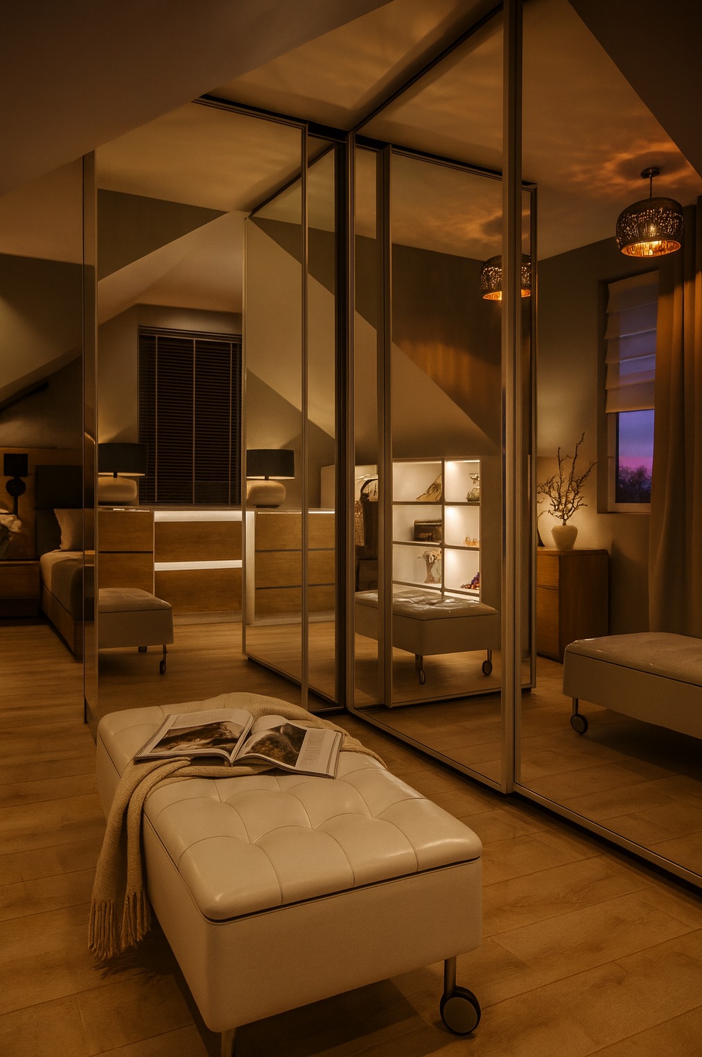 Sypialnia na poddaszu z lustrzaną szafą wnękową, pufą z książką i lampą wiszącą. Widok odbity w lustrach, ciepłe oświetlenie.