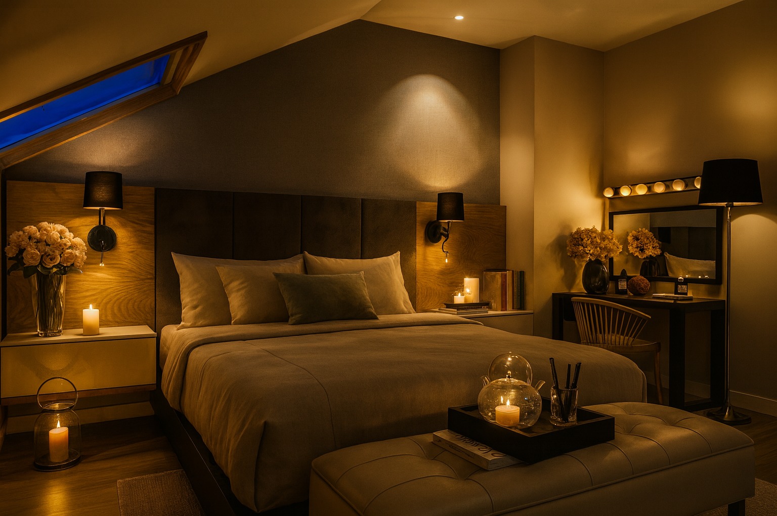 Przytulna sypialnia w ciepłych tonacjach z oknem dachowym, kwiatami i świecami. Subtelne oświetlenie tworzy relaksującą atmosferę. Elementy dekoracyjne na stoliku nocnym.