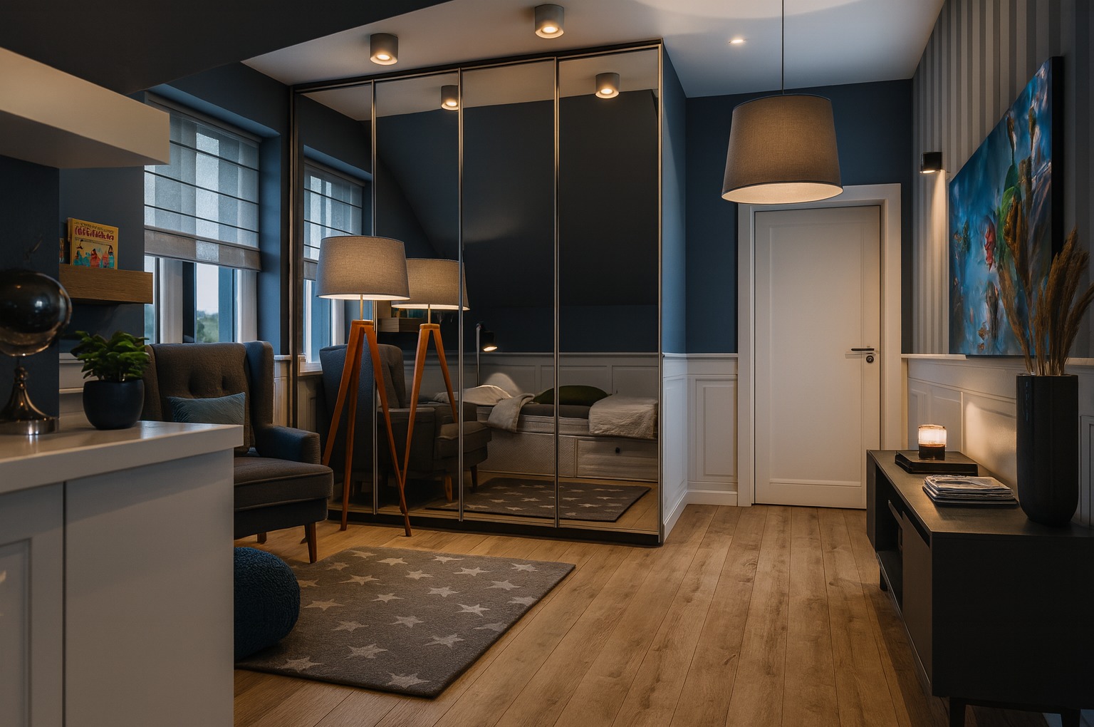 Nowoczesny pokój z lustrzaną szafą, drewnianą podłogą i szarym dywanem w gwiazdy. W tle widoczne łóżko. Całość utrzymana w stonowanej kolorystyce.