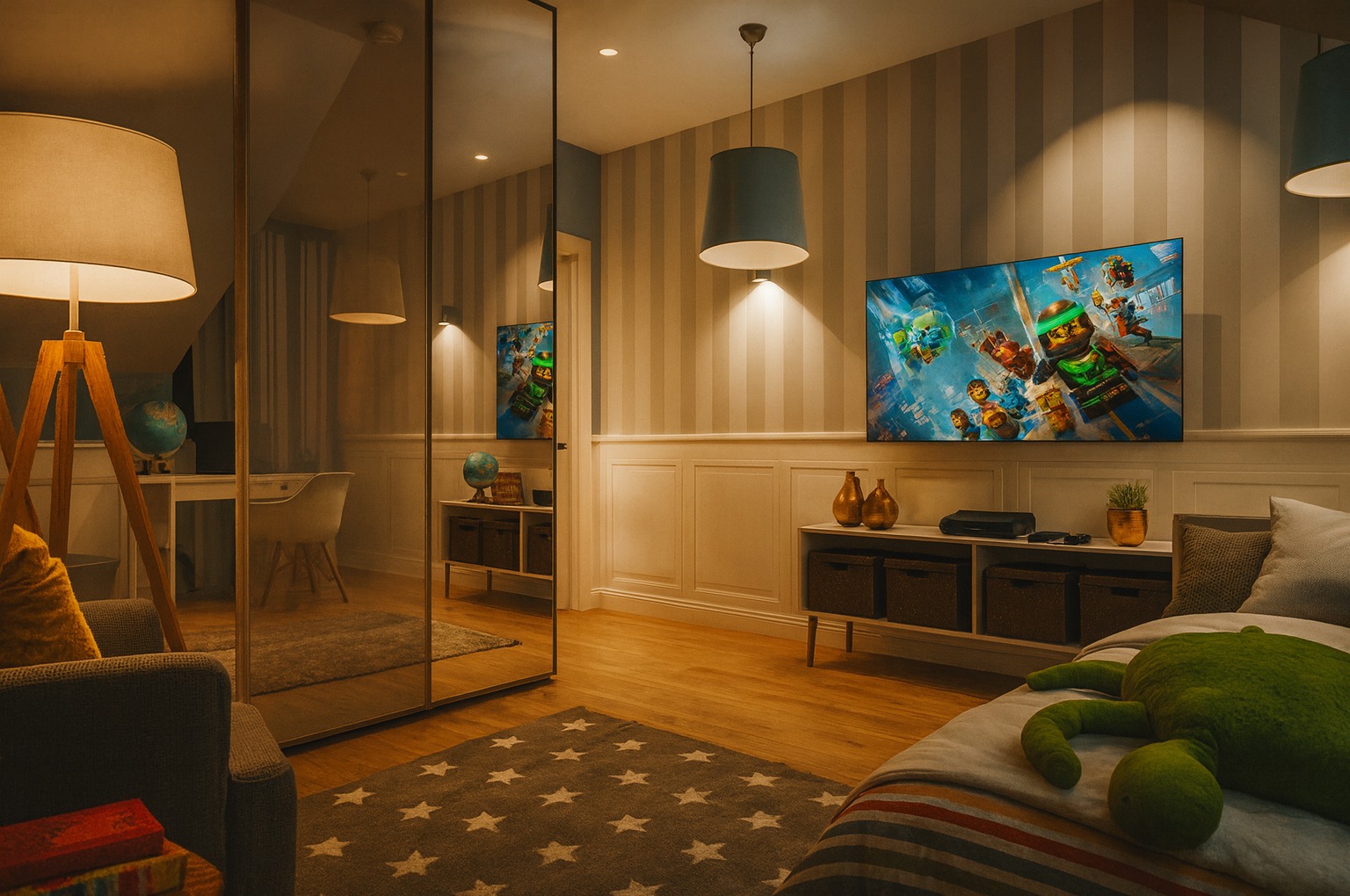 Pokój dziecięcy z łóżkiem, biurkiem i szafą z lustrzanymi drzwiami. Na ścianie telewizor z włączoną grą. Ciepłe oświetlenie, dywan w gwiazdy.