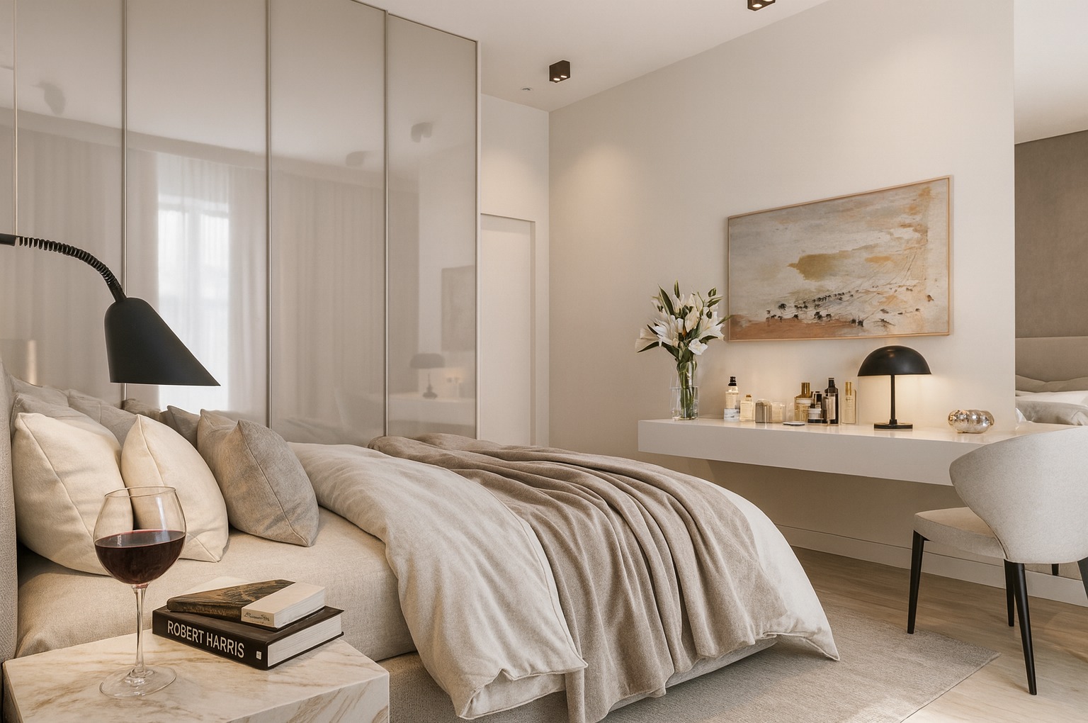 Elegancka sypialnia w beżach: łóżko z książkami i winem, minimalistyczna toaletka z kwiatami i lampą, lustrzana szafa w tle. Subtelne oświetlenie, stonowana kolorystyka.