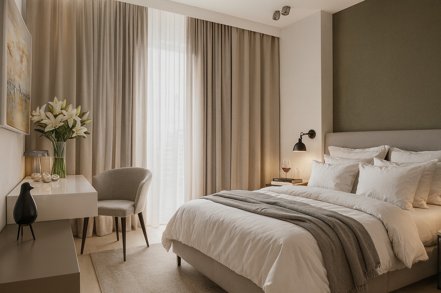 Jasna sypialnia z beżowymi zasłonami, biurkiem z kwiatami i lampką nocną. Minimalistyczny design z akcentami w postaci dekoracji i szkła.