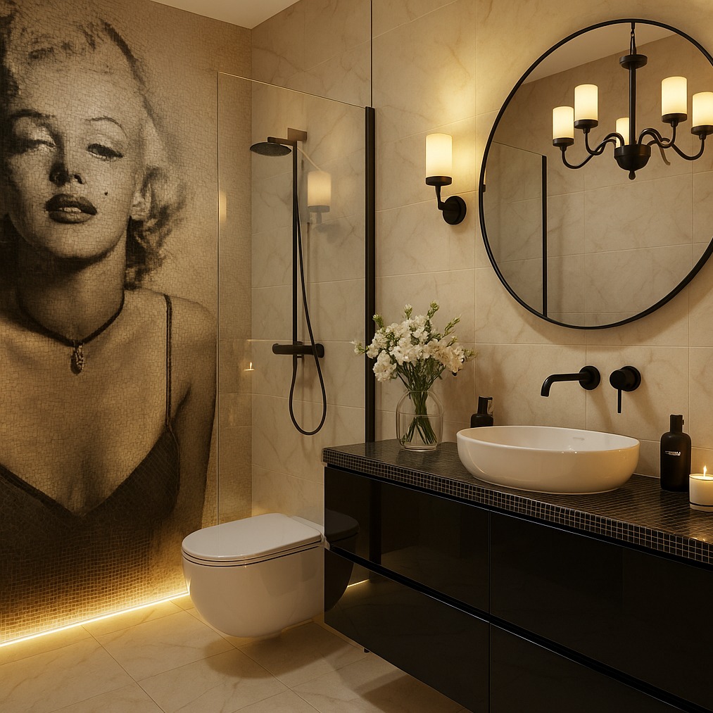 Elegancka łazienka z mozaiką Marilyn Monroe, czarną armaturą i okrągłym lustrem z żyrandolem. Minimalistyczny design z subtelnym oświetleniem LED przy podłodze.