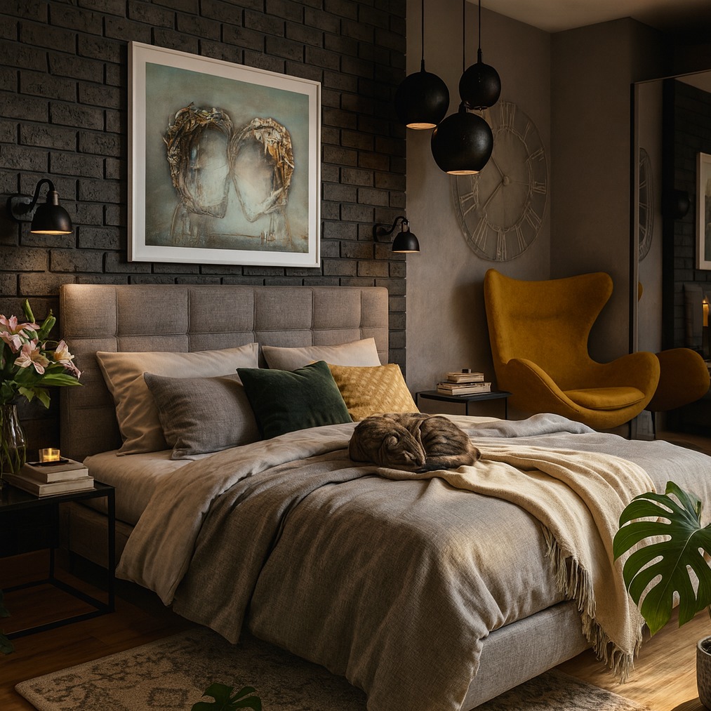Stylowa sypialnia z łóżkiem w odcieniach szarości, ceglaną ścianą i żółtym fotelem. Na łóżku śpiący kot. Nad łóżkiem obraz w białej ramie i czarne lampy.