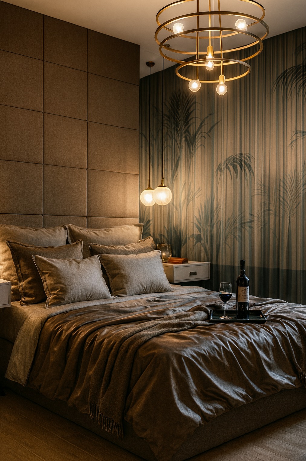 Elegancka sypialnia z łóżkiem w odcieniach brązu, dekoracyjną ścianą z paneli, lampami wiszącymi i stolikiem nocnym. Na łóżku wino i kieliszek.