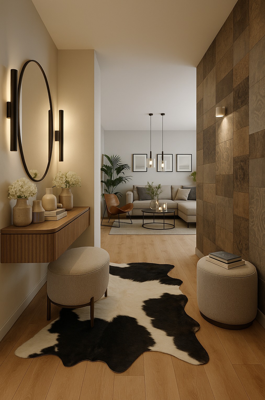 Nowoczesny przedpokój z lustrem owalnym, konsolą z dekoracjami i pufami. Na podłodze skóra krowy. W tle salon z sofą narożną i stolikiem kawowym.