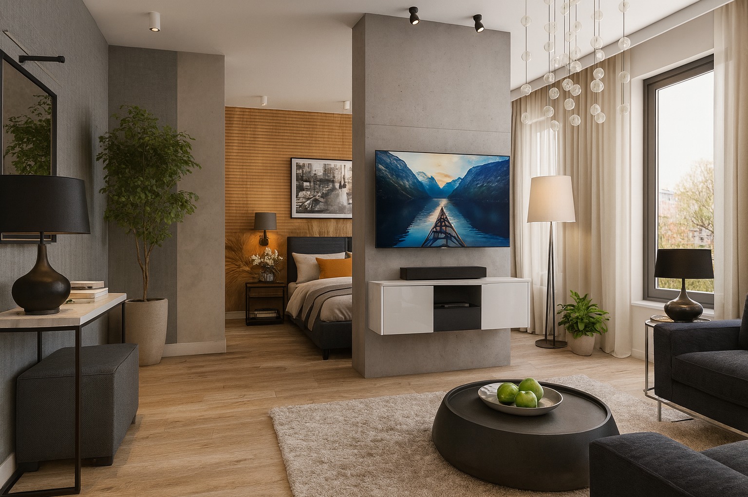 Nowoczesny salon z sypialnią oddzieloną ścianką. Telewizor na ścianie, minimalistyczne meble, drewniana podłoga i dekoracyjne oświetlenie tworzą spójną całość.