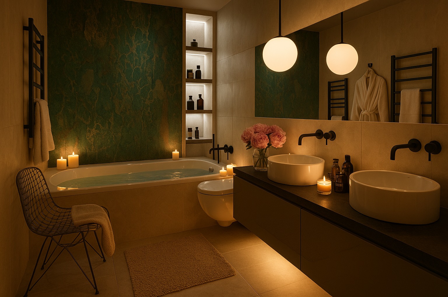 Luksusowa łazienka w ciepłych tonacjach z wanną, umywalkami nablatowymi i dekoracyjnym oświetleniem świecami. Na ścianie zielona mozaika i czarne akcenty.