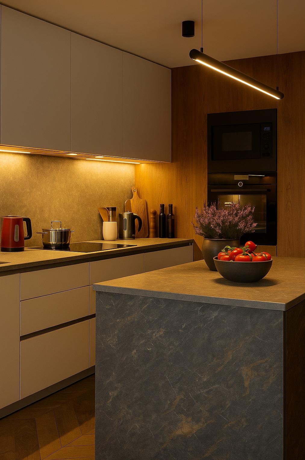 Nowoczesna kuchnia z wyspą, oświetleniem LED pod szafkami i lampą wiszącą. Na blacie warzywa i kwiaty w doniczce. Drewniane panele na ścianie.