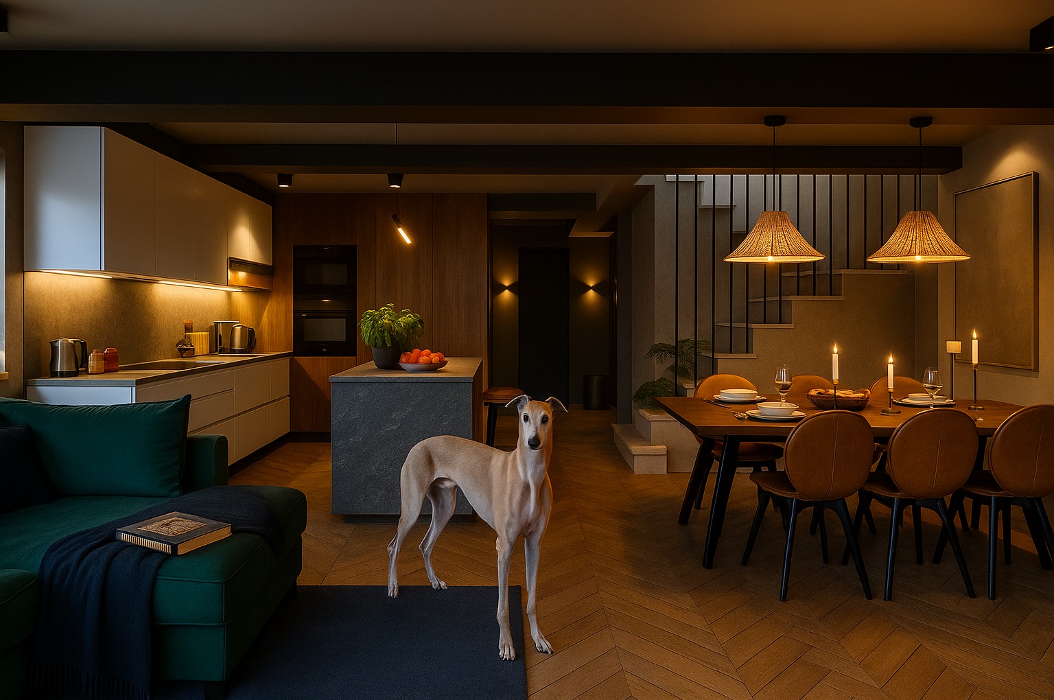 Nowoczesne wnętrze z otwartą kuchnią, jadalnią i salonem, oświetlone ciepłym światłem. Na pierwszym planie pies rasy chart włoski. Parkiet ułożony w jodełkę.