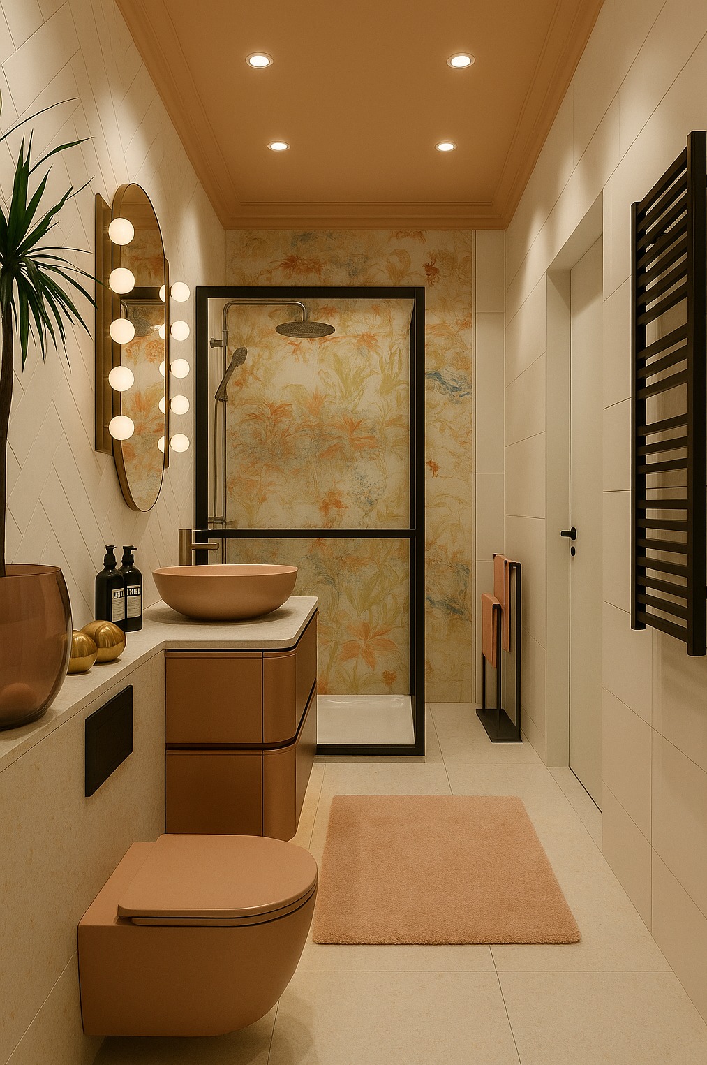 Beżowa łazienka z kabiną prysznicową, umywalką nablatową i toaletą podwieszaną. Lustro z oświetleniem i grzejnik drabinkowy. W tle wzorzysta tapeta.