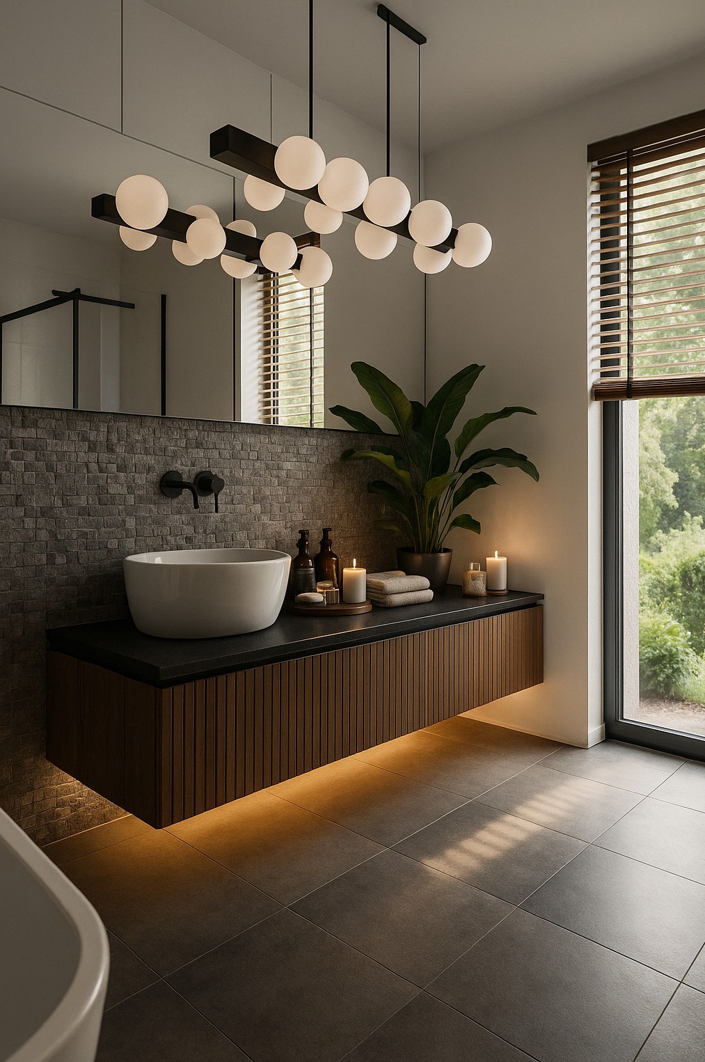 Nowoczesna łazienka z wiszącą szafką pod umywalką, podświetleniem LED, dekoracyjną lampą sufitową i rośliną doniczkową. Minimalistyczny design, płytki imitujące kamień.