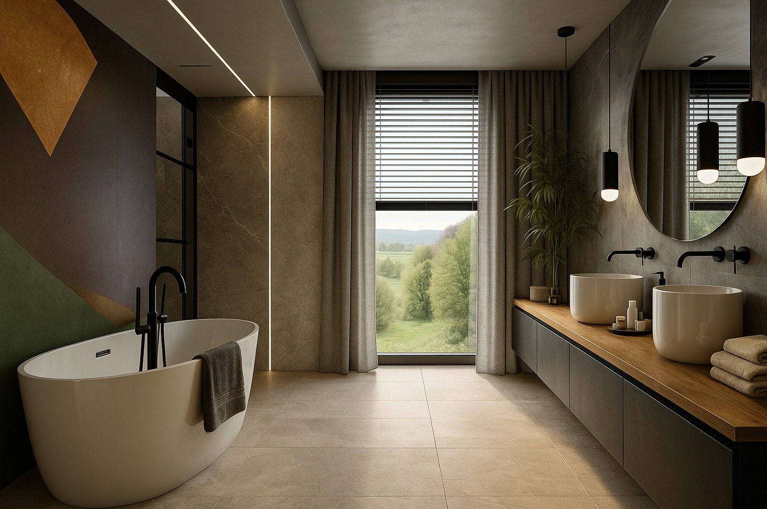 Nowoczesna łazienka z wolnostojącą wanną, podwójną umywalką nablatową i dużym oknem z widokiem na zieleń. Minimalistyczny design z akcentami drewna i geometrycznym wzorem na ścianie.