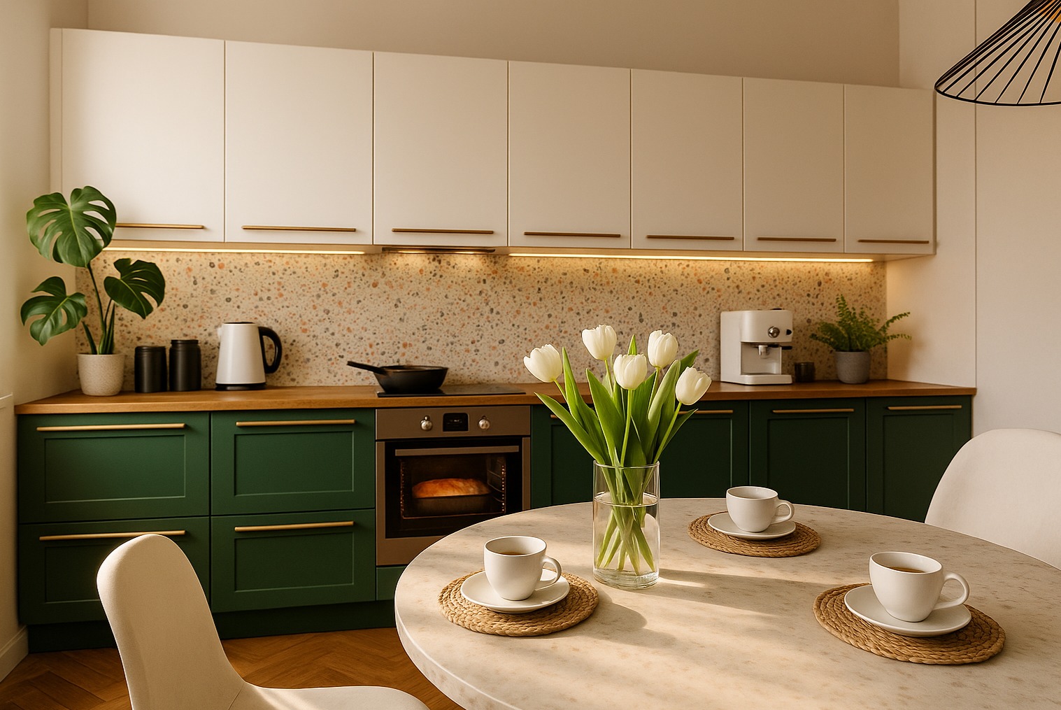 Nowoczesna kuchnia w Warszawie: zielone szafki, blat z drewna, białe szafki wiszące i mozaika na ścianie. Na stole wazon z tulipanami i filiżanki.