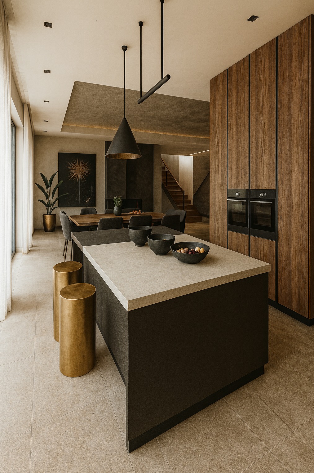 Nowoczesna kuchnia z wyspą, drewnianymi szafkami i złotymi stołkami barowymi. Minimalistyczne lampy wiszące i stonowana kolorystyka tworzą elegancką przestrzeń.
