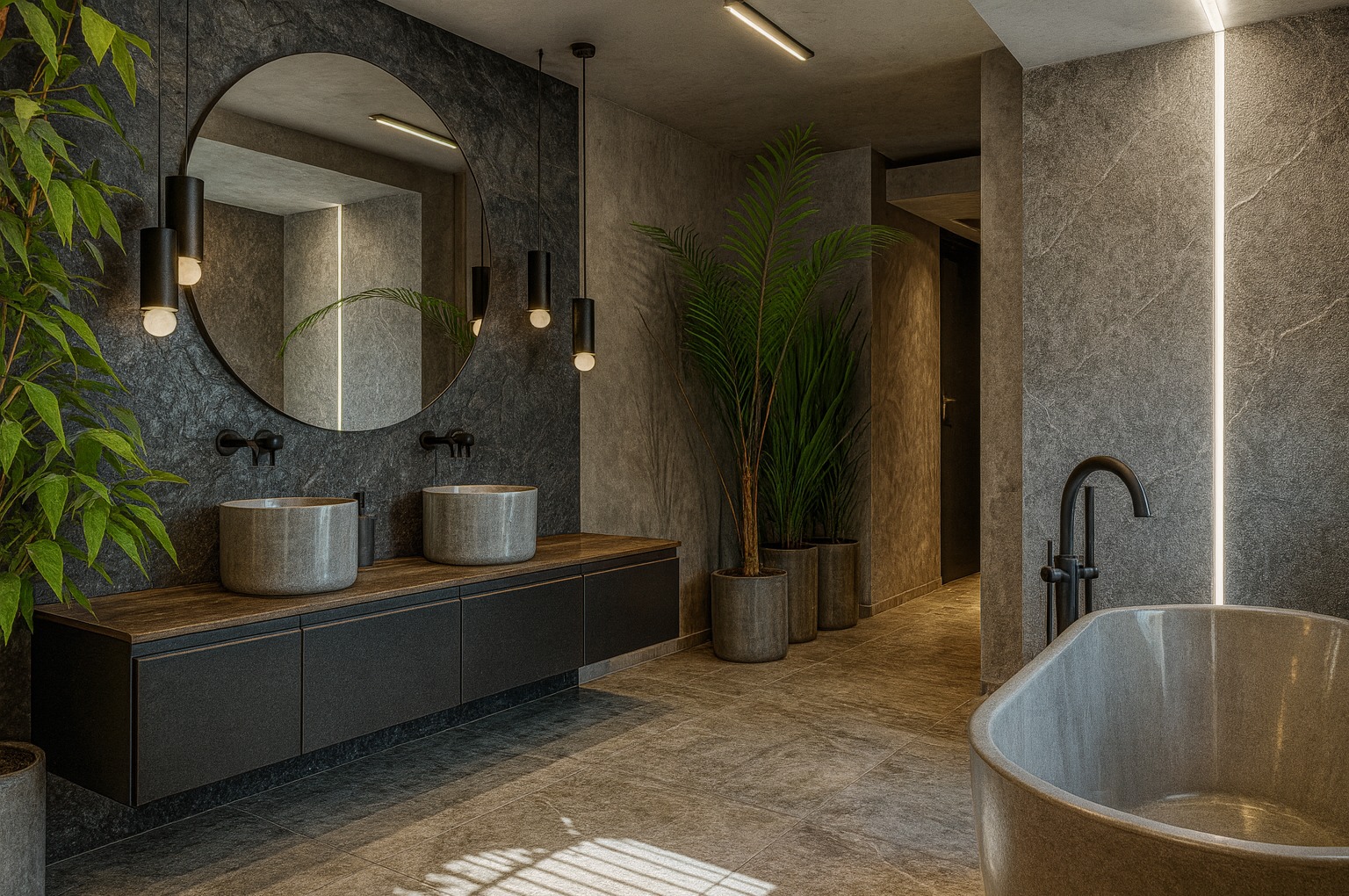 Nowoczesna łazienka w odcieniach szarości z okrągłym lustrem, podwójną umywalką i roślinami doniczkowymi. Minimalistyczne oświetlenie i kamienne wykończenie ścian.
