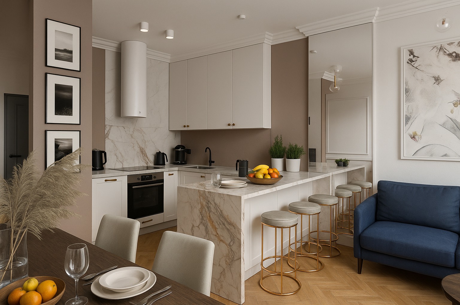 Elegancka kuchnia z marmurowym blatem, hokerami i niebieską sofą. Na stole owoce i zastawa. Minimalistyczne grafiki na ścianie. Jasne, naturalne światło.