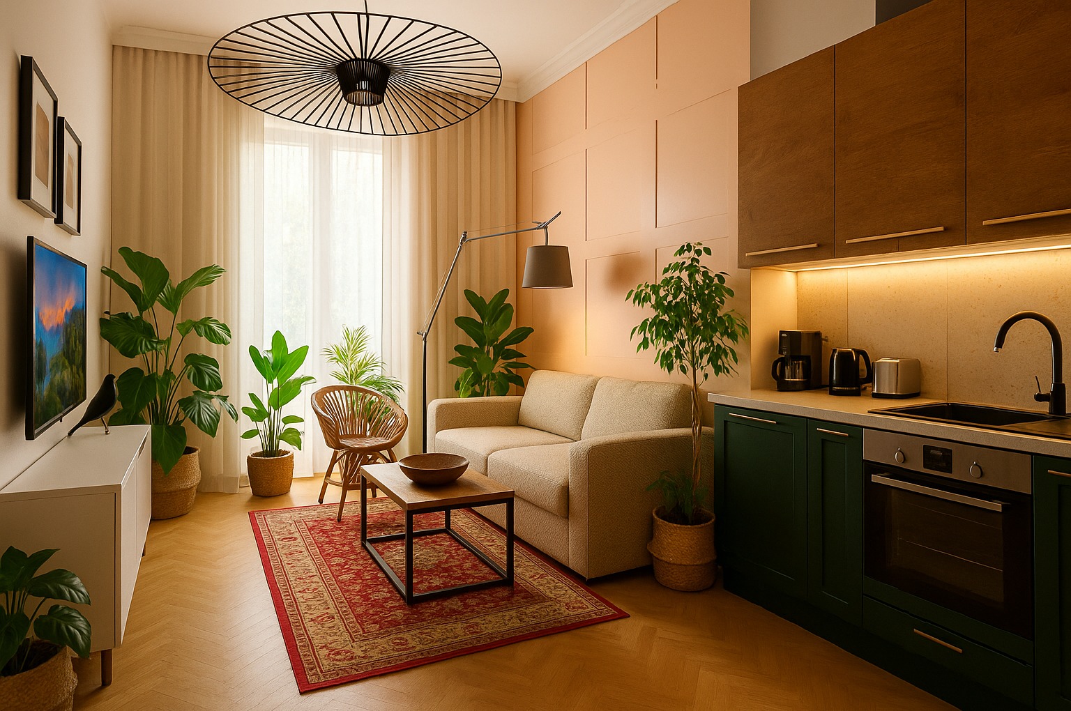 Jasne wnętrze z zielonymi akcentami: sofa, dywan, rośliny doniczkowe, drewniane meble kuchenne i parkiet w jodełkę. Nowoczesny design z lampą wiszącą.