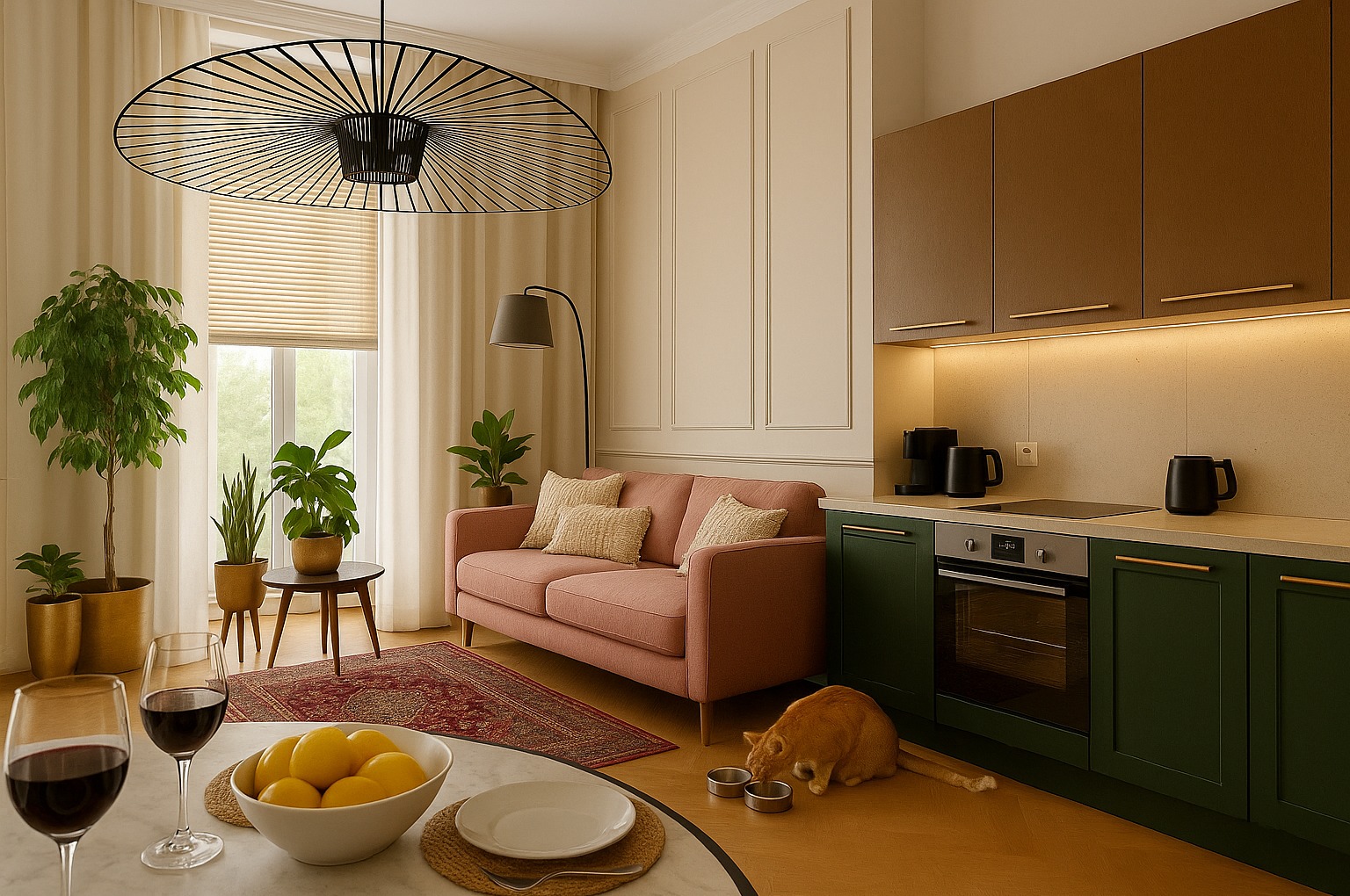 Stylowe wnętrze mieszkania z aneksem kuchennym w odcieniach zieleni i brązu, różową sofą, okrągłym stołem z owocami i winem oraz rudym kotem przy miskach.