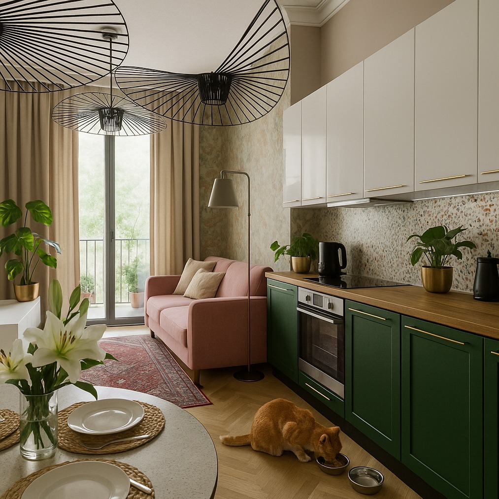 Nowoczesna kuchnia z zielonymi szafkami, drewnianym blatem i mozaiką. W tle różowa sofa, balkon i oryginalne lampy. U dołu rudy kot je z miski.