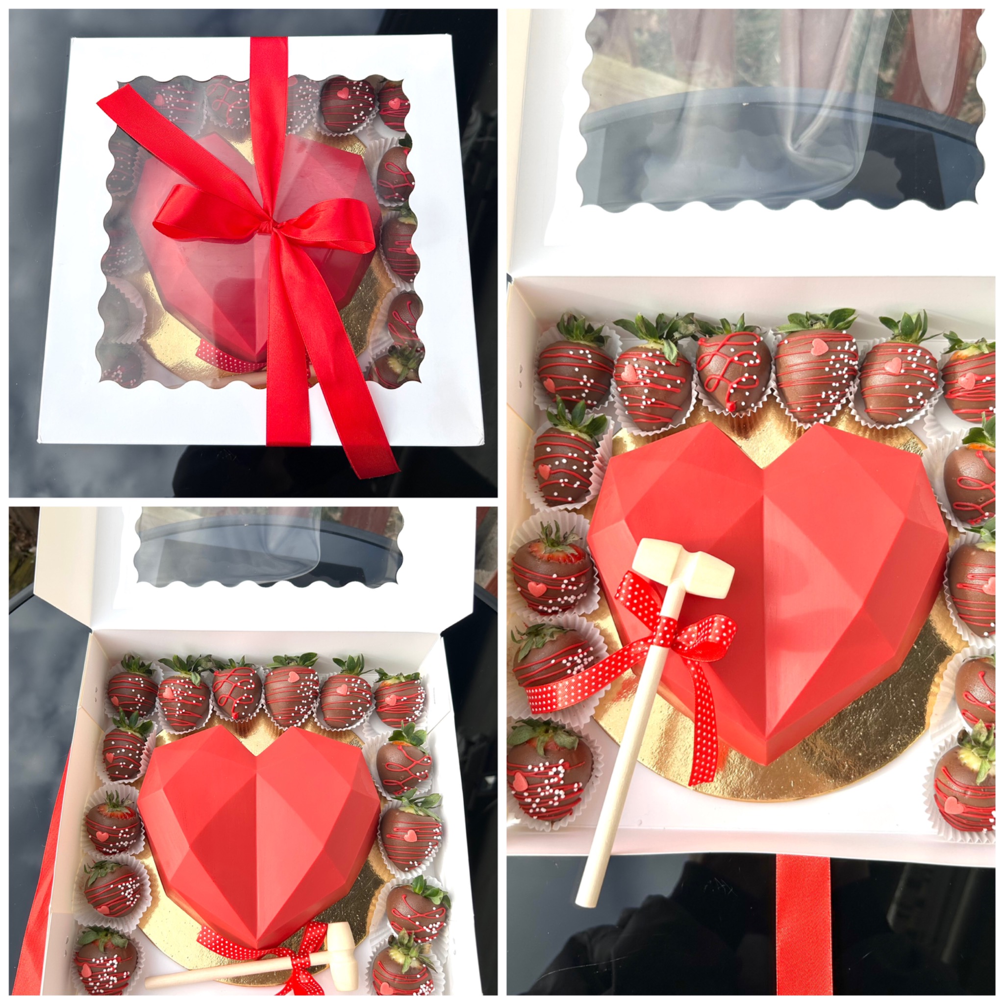 Walentynkowy zestaw: czerwone serce z czekolady i truskawki w czekoladzie, ozdobione wstążką, w białym pudełku z okienkiem. Prezent z młoteczkiem do rozbijania.