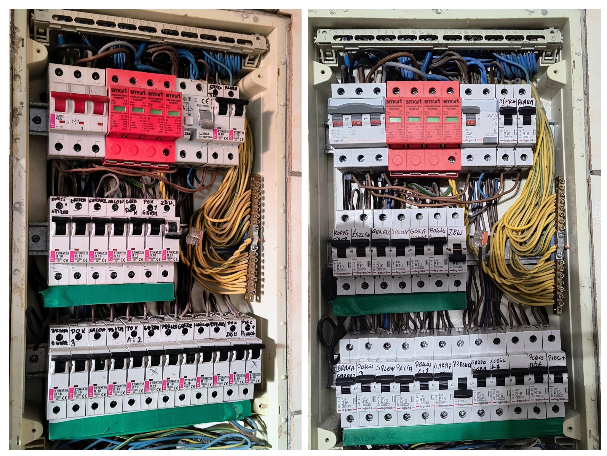 Dwa panele elektryczne obok siebie, z widocznymi bezpiecznikami, przewodami i ogranicznikami przepięć. Napisy na elementach instalacji.