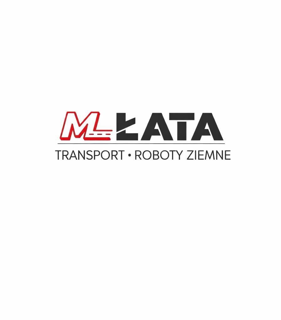 Logo firmy M-ŁATA z czerwonym akcentem, oferującej transport i roboty ziemne. Minimalistyczny design na białym tle.