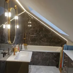 Nowoczesna łazienka na poddaszu z czarnymi marmurowymi płytkami, oświetleniem LED i złotymi akcentami, lustro owalne, biała umywalka i wanna.