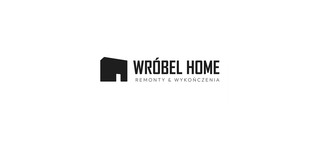 Minimalistyczne logo firmy 'Wróbel Home' w czerni na białym tle, z symbolem domu i napisem 'Remonty & Wykończenia' pod nazwą.
