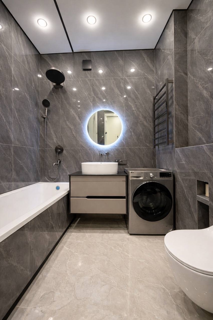 Kompleksowa realizacja łazienki – gres wielkoformatowy, dbałość o detale i estetyczne wykończenie.