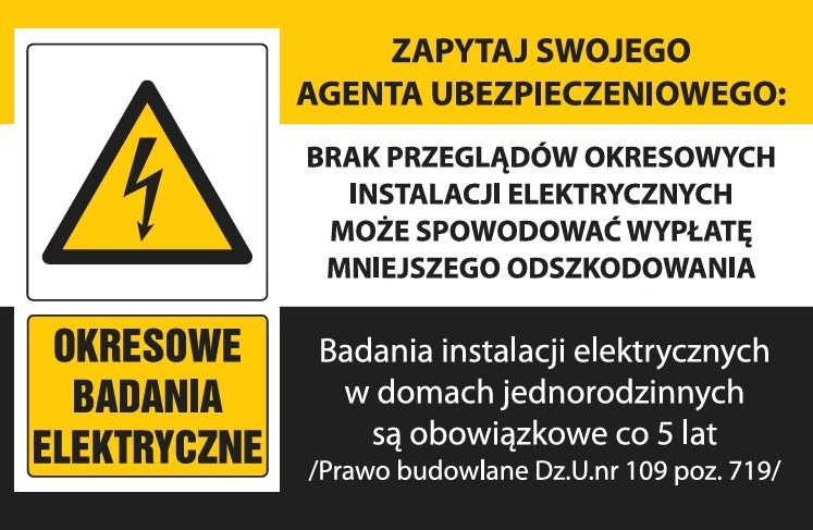 Informacja o obowiązkowych, okresowych badaniach instalacji elektrycznych w domach jednorodzinnych co 5 lat, z symbolem ostrzegawczym wysokiego napięcia.
