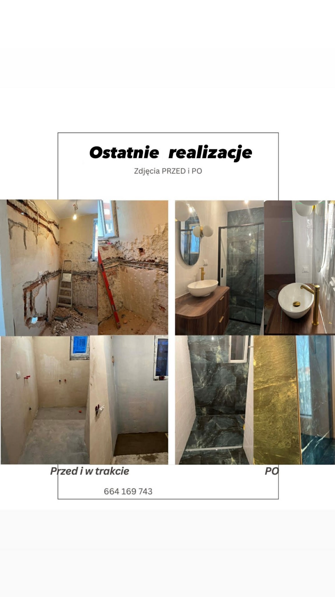 Kolaż zdjęć łazienki w trakcie i po remoncie. Widoczne etapy prac instalacyjnych, surowe ściany oraz efekt końcowy z umywalką, kabiną prysznicową i marmurowymi płytkami.