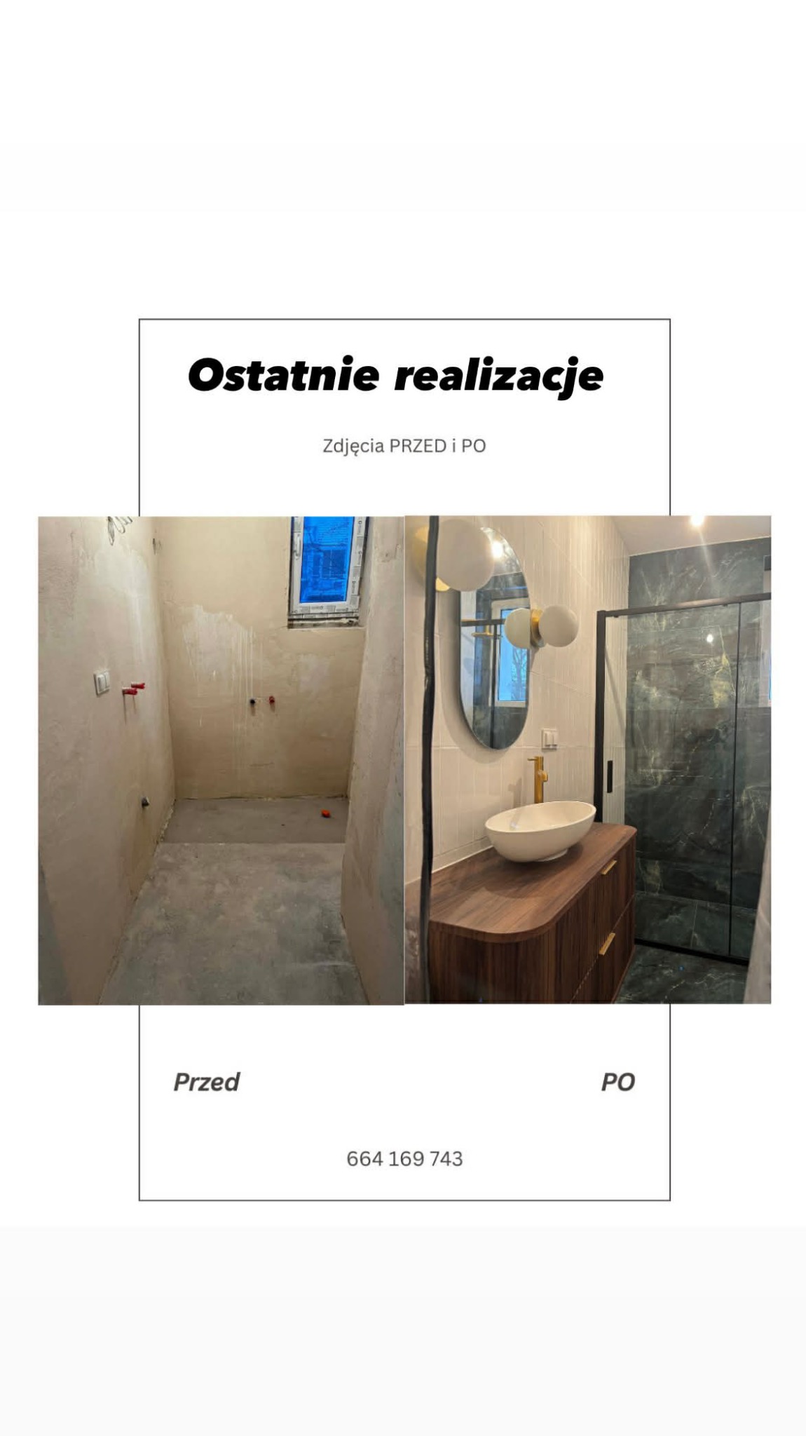 Remont łazienki: porównanie stanu surowego z wykończoną, nowoczesną aranżacją z kabiną prysznicową, umywalką nablatową i lustrem. Prezentacja typu 'przed i po'.