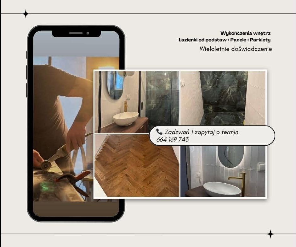 Prezentacja usług wykończeniowych na smartfonie: parkiet w jodełkę, marmurowe płytki w łazience z owalną umywalką. Kontakt telefoniczny.
