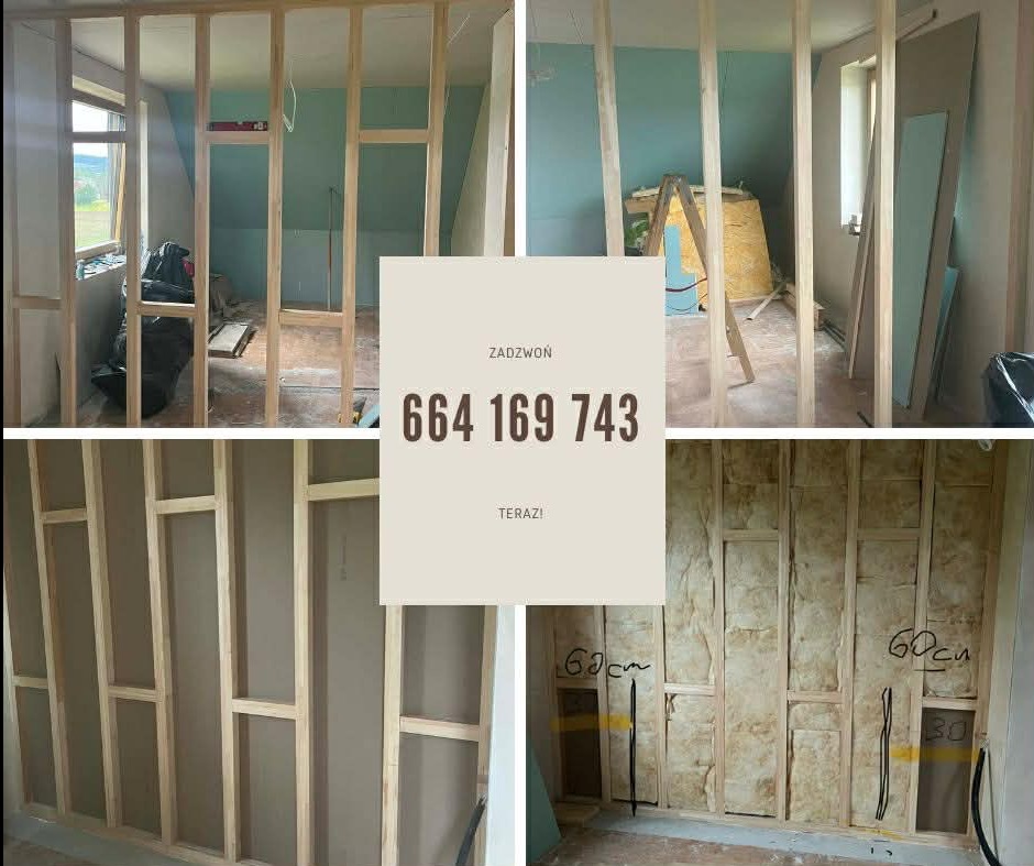 Konstrukcja ścian działowych z drewna i wełny mineralnej, widoczne oznaczenia wymiarów. Etap prac wykończeniowych z numerem telefonu nałożonym na zdjęcie.