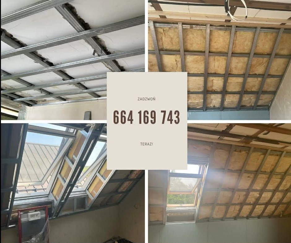 Montaż sufitu podwieszanego z płyt karton-gips na metalowej konstrukcji, widoczne ocieplenie wełną mineralną, okno dachowe w skosie. Etap prac wykończeniowych.