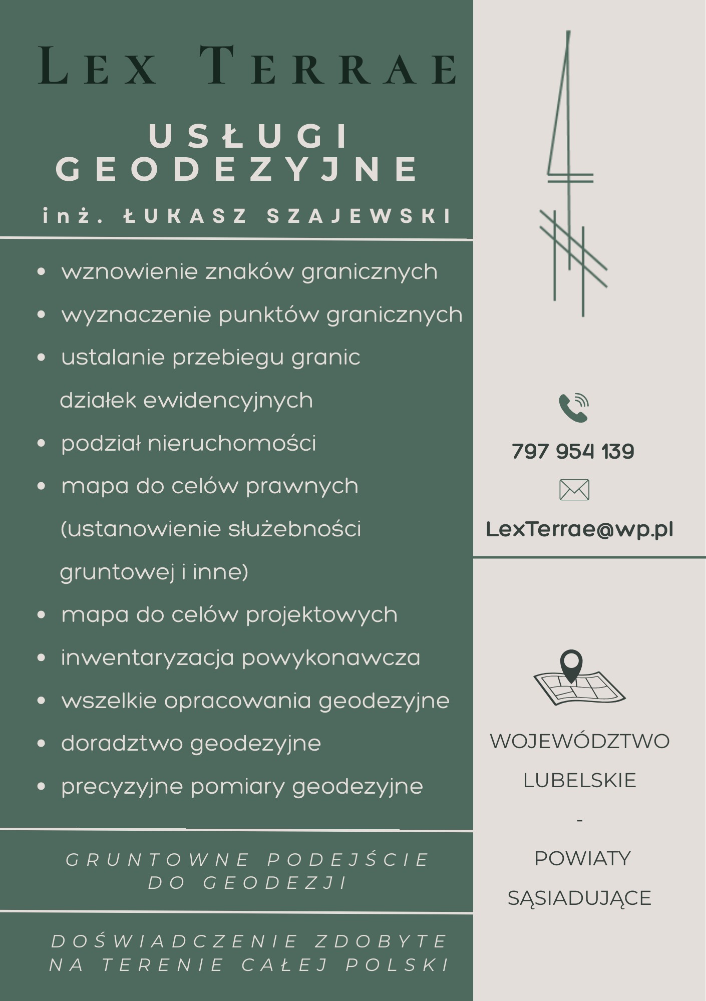 Grafika informacyjna firmy Lex Terrae. Usługi geodezyjne: wznowienie znaków granicznych, podział nieruchomości, mapy do celów prawnych i projektowych, inwentaryzacja.