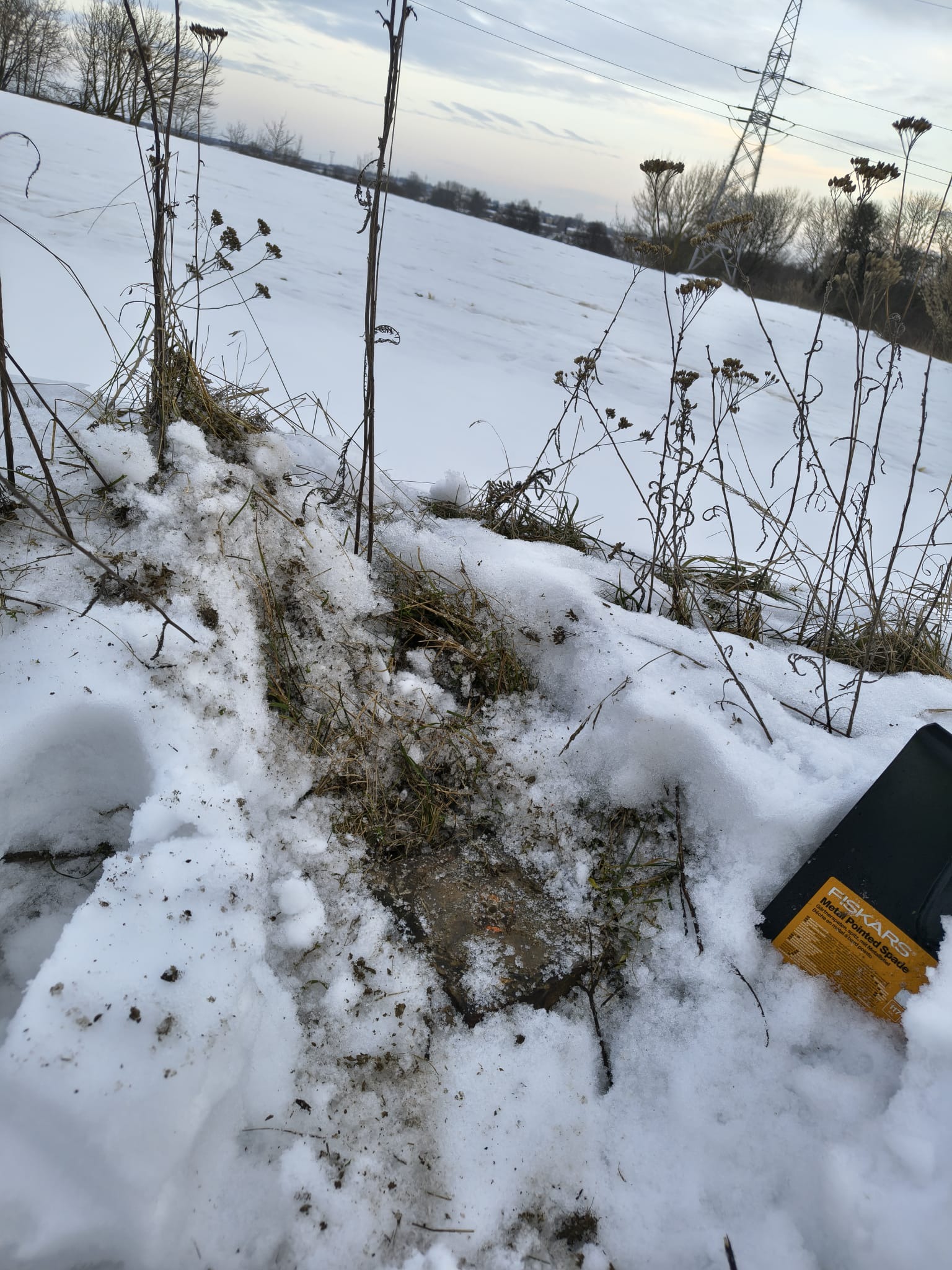 Zimowy krajobraz z wykopem w śniegu, w tle słup wysokiego napięcia i pole. W kadrze fragment szpadla Fiskars. Prace ziemne w terenie.