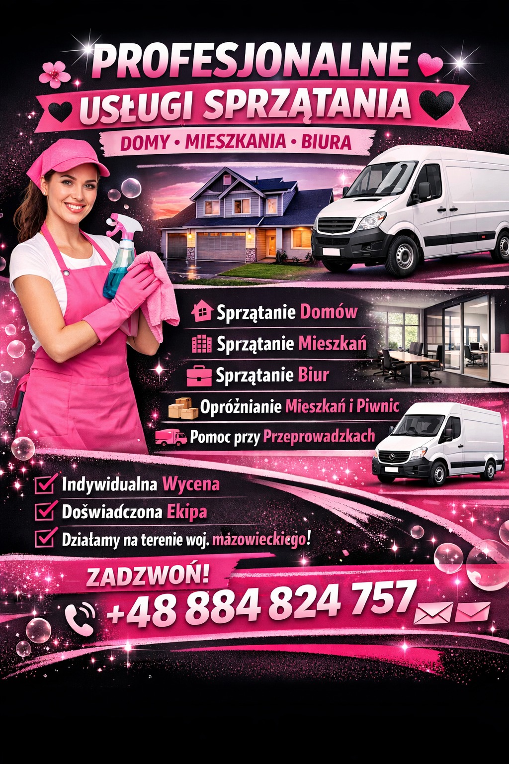 Profesjonalne usługi sprzątania: uśmiechnięta kobieta w różowym stroju z płynem i ściereczką, dom, biuro, transport. Indywidualna wycena, doświadczona ekipa, Mazowsze.