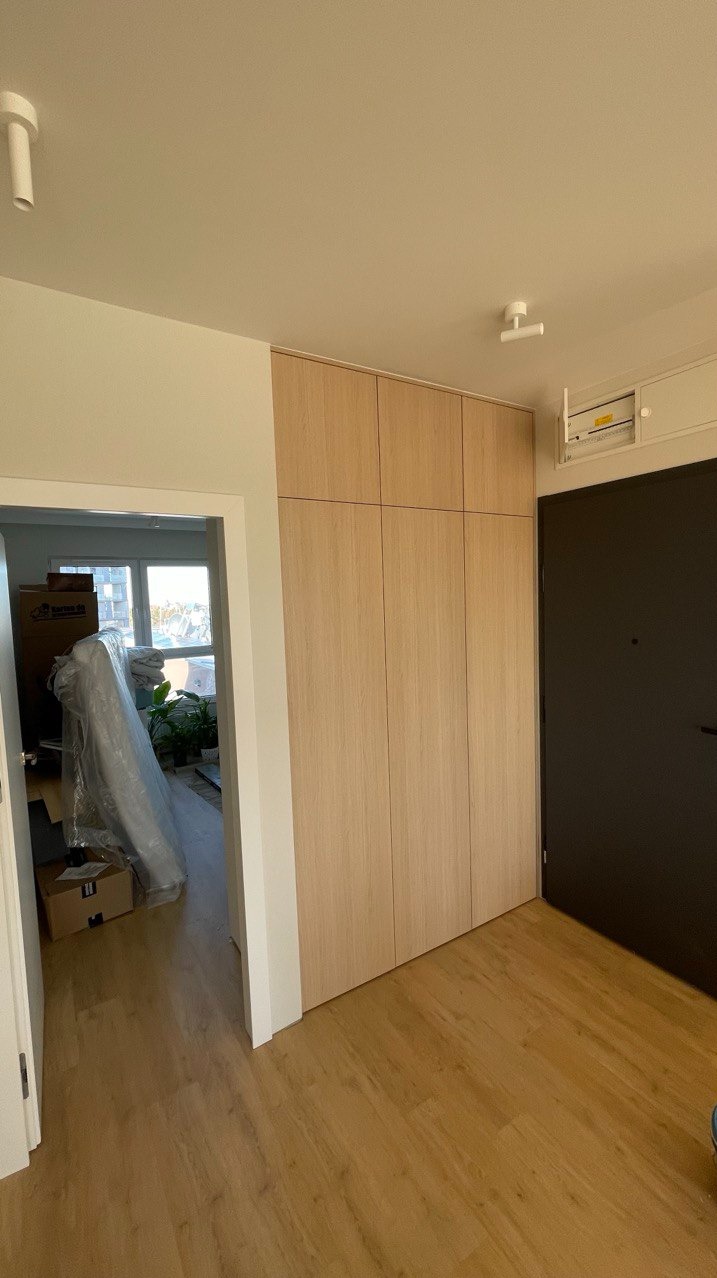 Jasna, drewniana szafa wnękowa od podłogi do sufitu w przedpokoju, obok ciemnych drzwi wejściowych. Widoczne kartony i roślina w tle, sugerujące przeprowadzkę.