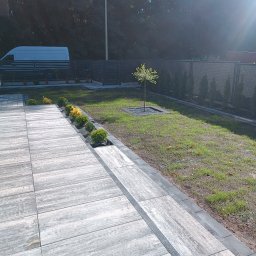 Łukasz Obraniak - Nowoczesny ogród z szarym brukiem, niskimi krzewami i młodym drzewkiem. W tle ciemne ogrodzenie i biały van. Słoneczny dzień.
