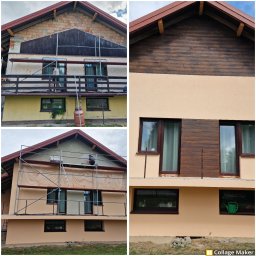 Usługi ogólnobudowlane PROHOUSE - Fotokolaż prezentujący dom przed i po renowacji elewacji. Widoczne rusztowania, pracownicy podczas pracy oraz efekt końcowy z nową, beżową elewacją i drewnianymi elementami.