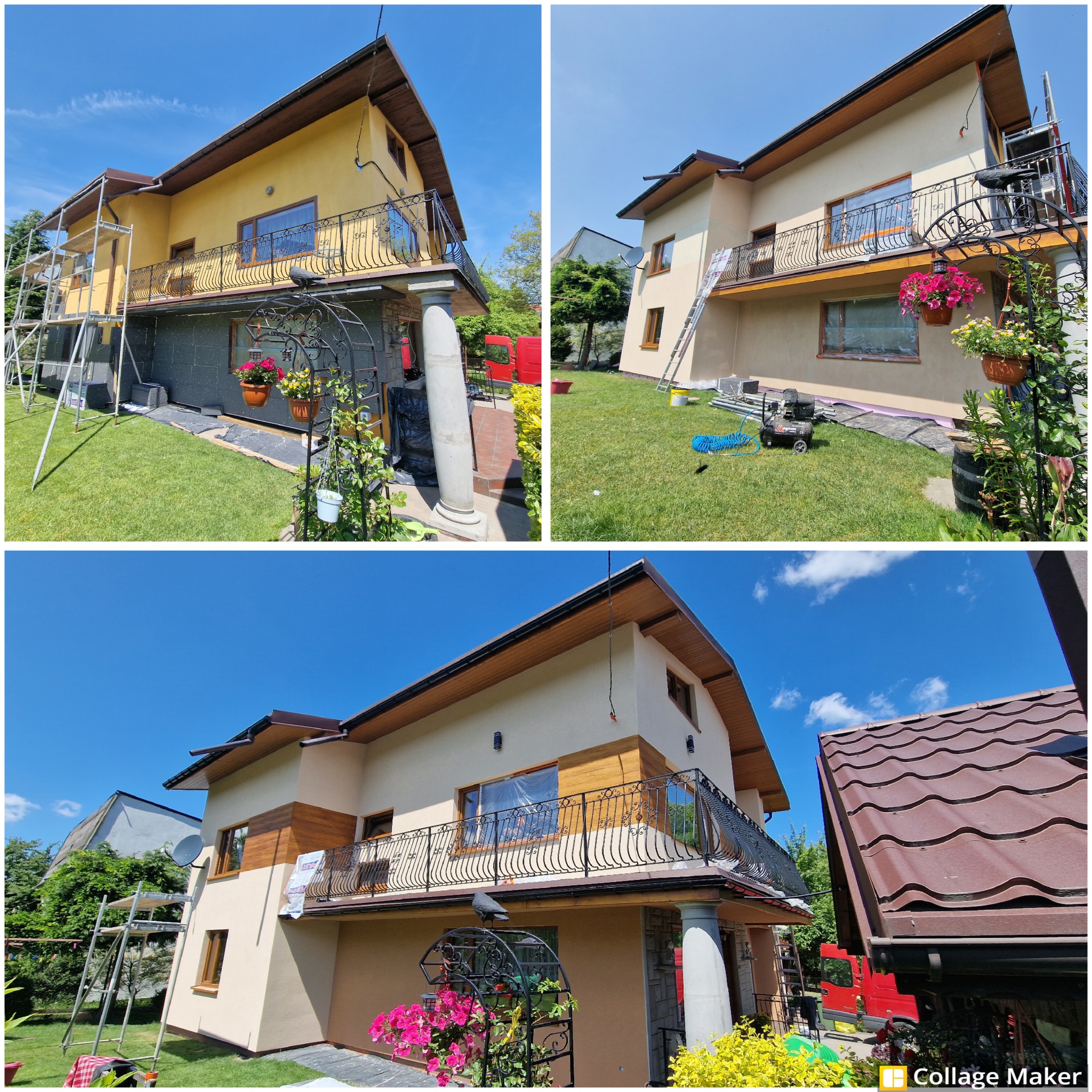 Dwukondygnacyjny dom z balkonem w trakcie prac elewacyjnych: część ocieplona, część pomalowana na beżowo, rusztowania i drabina w tle, błękitne niebo.