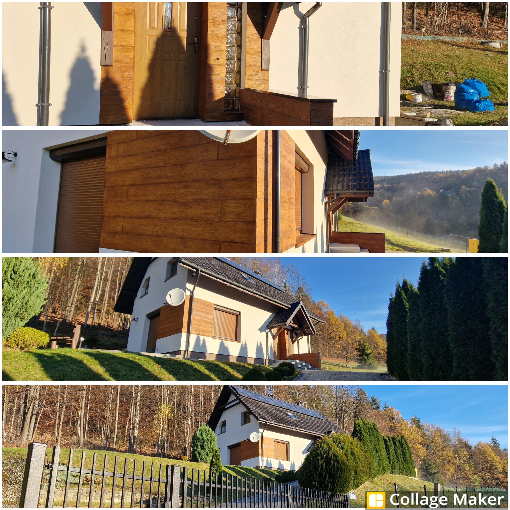 Dom jednorodzinny z elewacją w odcieniach beżu i brązu, z drewnianymi akcentami i roletami zewnętrznymi. Widoczne panele słoneczne na dachu i jesienne drzewa w tle.