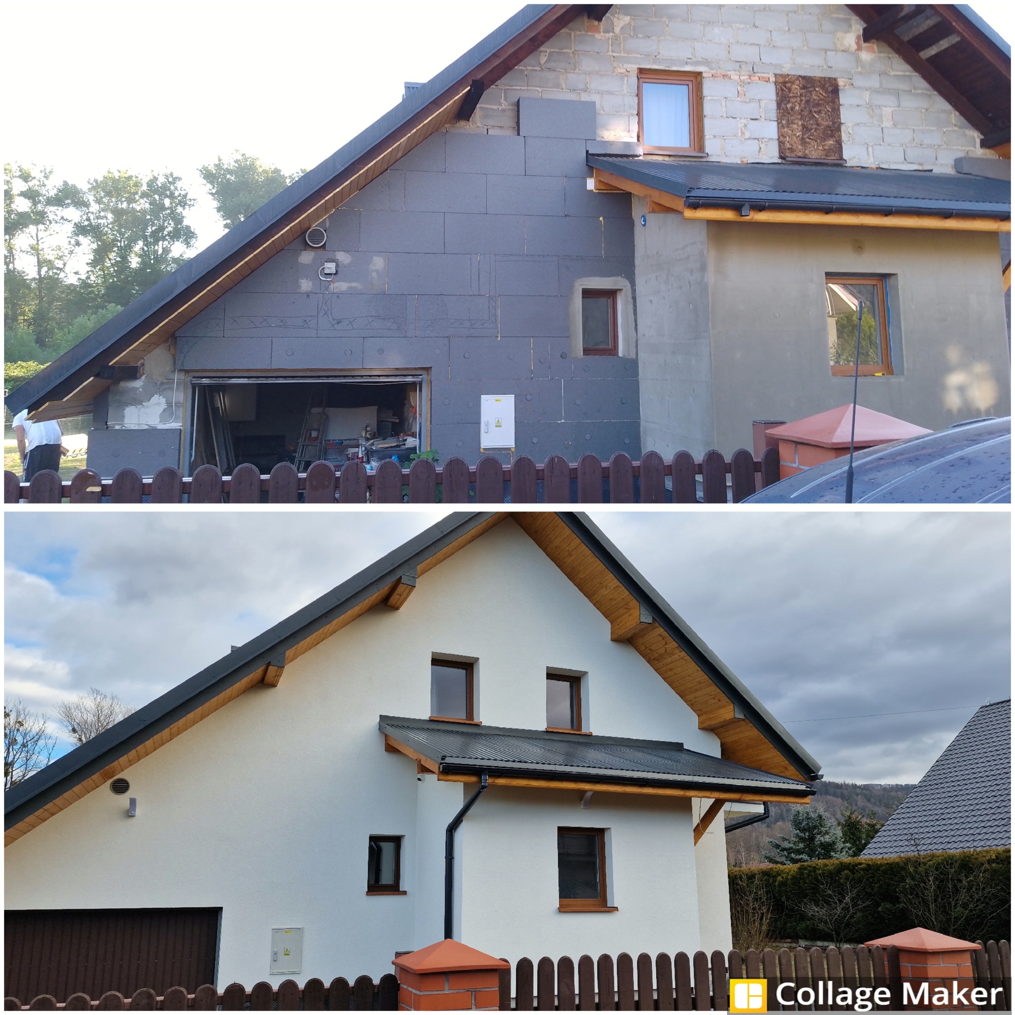 Dom przed i po ociepleniu: szara izolacja termiczna na jednej połowie elewacji, druga połowa pomalowana na biało. Widoczne okna i fragment dachu.