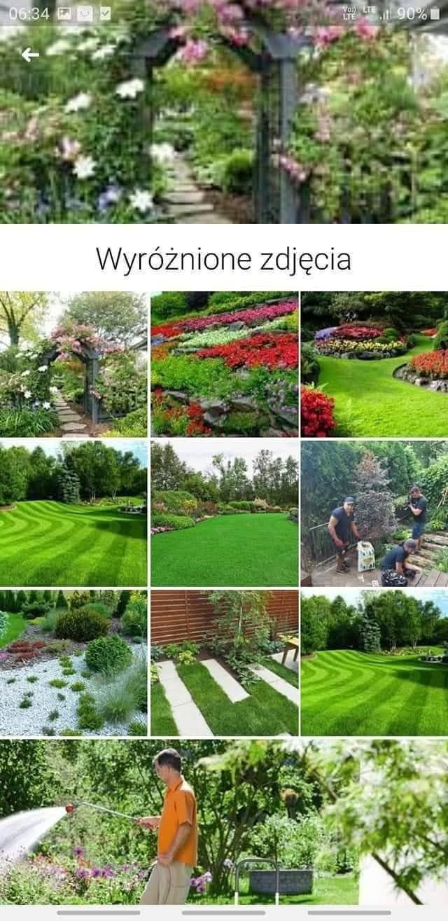 Kolaż zdjęć ogrodów: kwitnąca pergola, rabaty kwiatowe, trawniki z wzorami, ścieżki z kamienia i płyt, nawadnianie roślin przez ogrodnika. Różnorodność aranżacji ogrodowych.