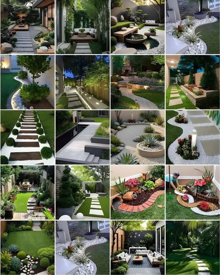 Kompilacja inspirujących aranżacji ogrodowych: ścieżki z kamienia, nowoczesne meble ogrodowe, bujna roślinność, oświetlenie dekoracyjne, tworzące unikalne przestrzenie relaksu.