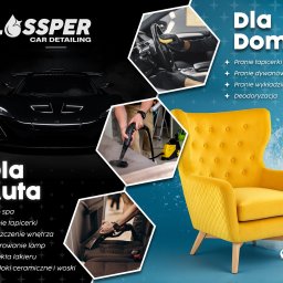 Glossper Auto Detailing - Usługi czyszczenia: auto detailing (pranie tapicerki samochodowej, polerowanie) i pranie tapicerki meblowej (kanap, dywanów). Żółty fotel i czarne auto na grafice.