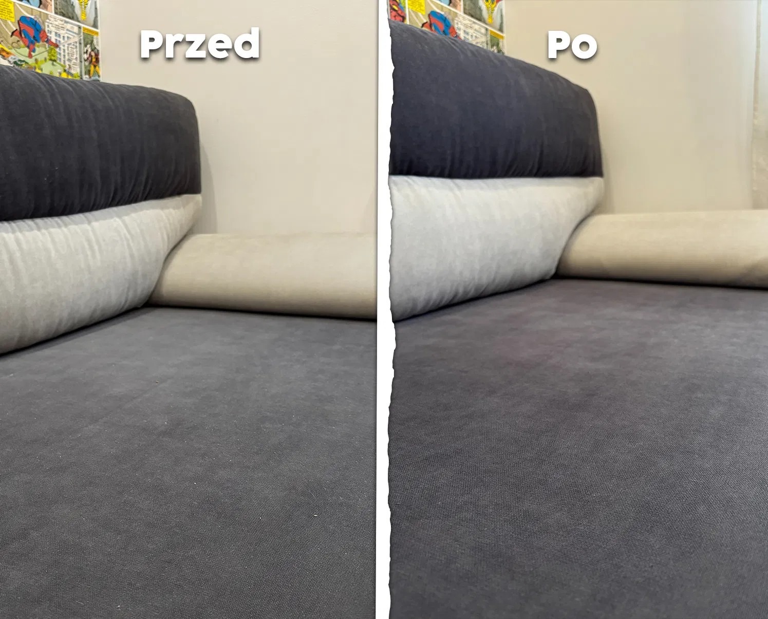 Zdjęcie 'przed i po' przedstawia fragment szarej kanapy z poduszkami. Widoczna różnica w czystości tapicerki po prawej stronie zdjęcia.