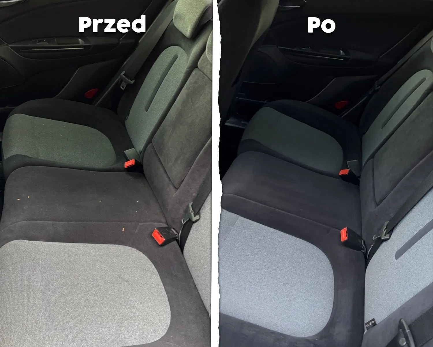 Tapicerka samochodowa tylnej kanapy w ujęciu przed i po czyszczeniu. Widoczne różnice w odcieniach szarości i usunięte zabrudzenia.